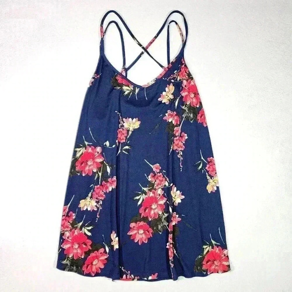 PAPERMOON Strappy Tank Top‎ 2X Navy Blue with Red Yellow White Floral Flowy Soft - Picture 1 of 11